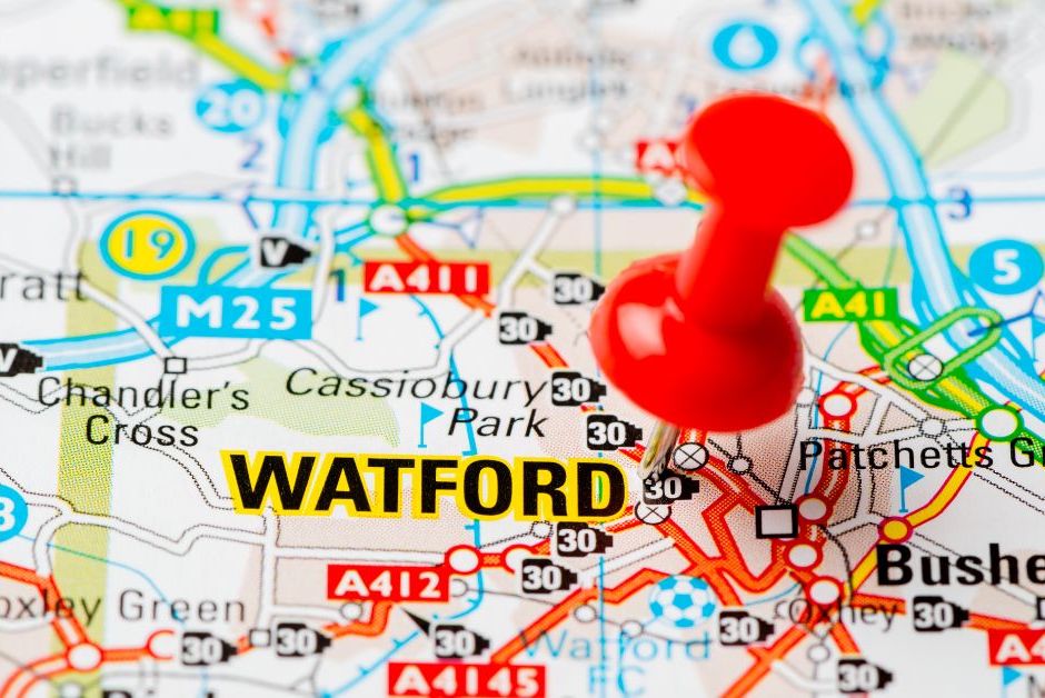 A pin pinned on a map exactly on Watford
